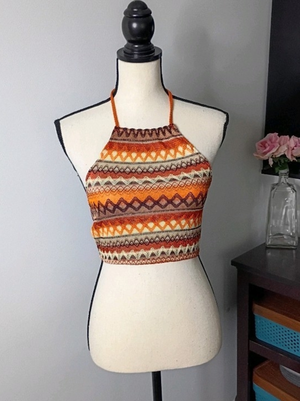Cropped Crochet Striped Halter Top in Orange, Medium